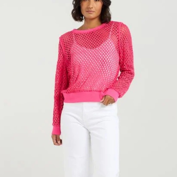 Vibrant Hot Pink Mesh Sweater with shoulder pads - Picture 2 of 5